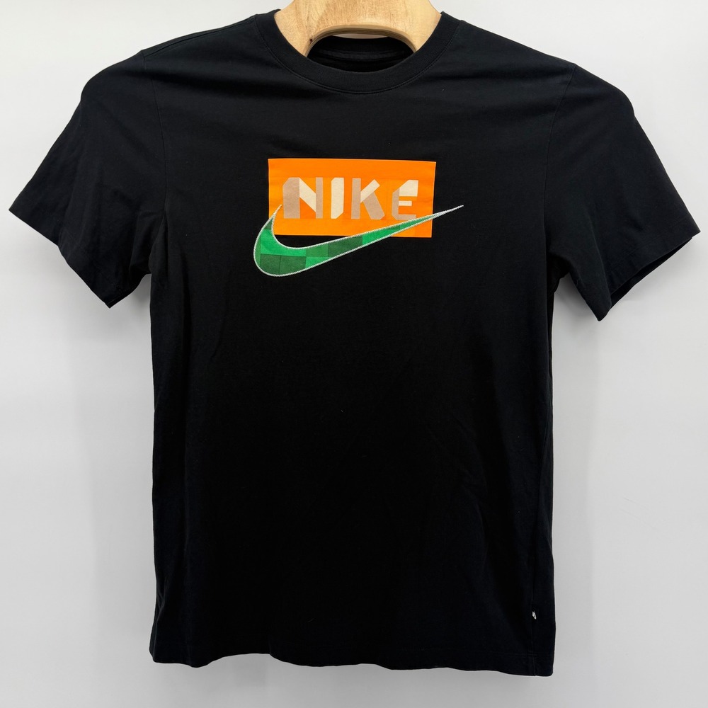 Nike‎ Graphic Tee Mens Medium Black Orange Green Swoosh Logo Short Sleeve Shirt